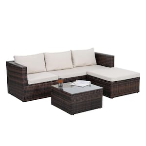 5-Pieces Wicker Patio Conversation Set, Outdoor Furniture Sofa, With Tempered Glass Coffee Table and Beige Cushions