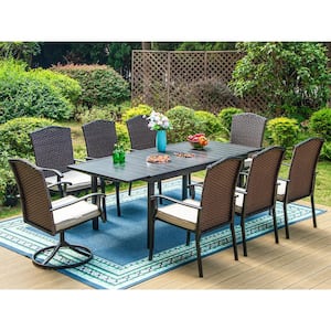 Black 9-Piece Metal Patio Outdoor Dining Set with Extendable Table and Rattan Chairs with Beige Cushion
