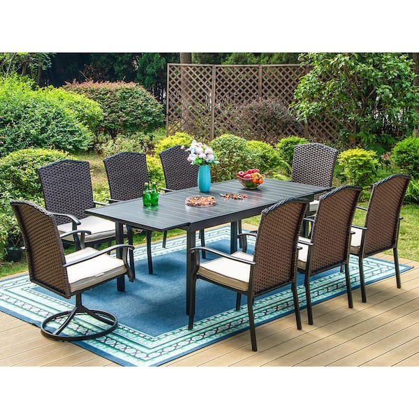 PHI VILLA Black 9-Piece Metal Patio Outdoor Dining Set with Extendable Table and Rattan Chairs with Beige Cushion