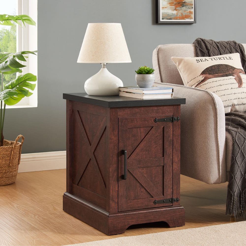 1-Piece 15.75 in. White Rectangle MDF End Table with Barn Door, Adjustable Shelf Rustic Nightstand for Living Room