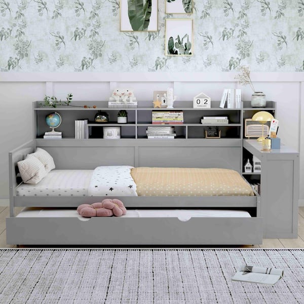 Gray Full Daybed with Storage Shelves, Twin Size Trundle Bed and Study Desk