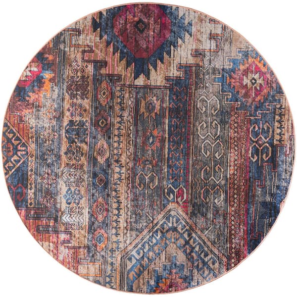 Machine Washable Series 1 Multicolor 5 ft. x 5 ft. Distressed Traditional Round Area Rug