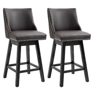 40.25 in. Brown Mid Back Wood Frame 28.25 in. Cushioned Bar Stool with PU Leather Seat (Set of 2)