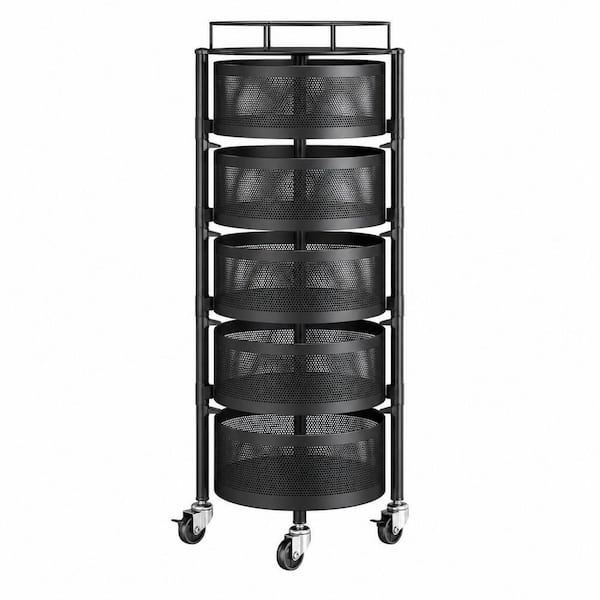 Black Metal Fruit and Vegetable Basket Bowls Wire Basket Organizer on Wheels Metal Top Lid 5 Tier Rotating Storage Cart