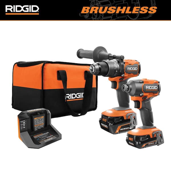 RIDGID 18V Brushless Cordless 2-Tool Combo Kit with Hammer Drill, Impact Driver, (2) Batteries, Charger, and Bag