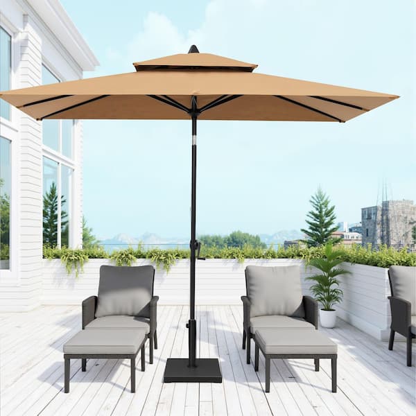 double vented patio umbrella with tilt in tan beige natural Pellebant 9 ft. x 5 ft. Rectangular Double Top Market Crank and Tilt Patio Umbrella in Tan With 43 lbs. Cement Umbrella Base