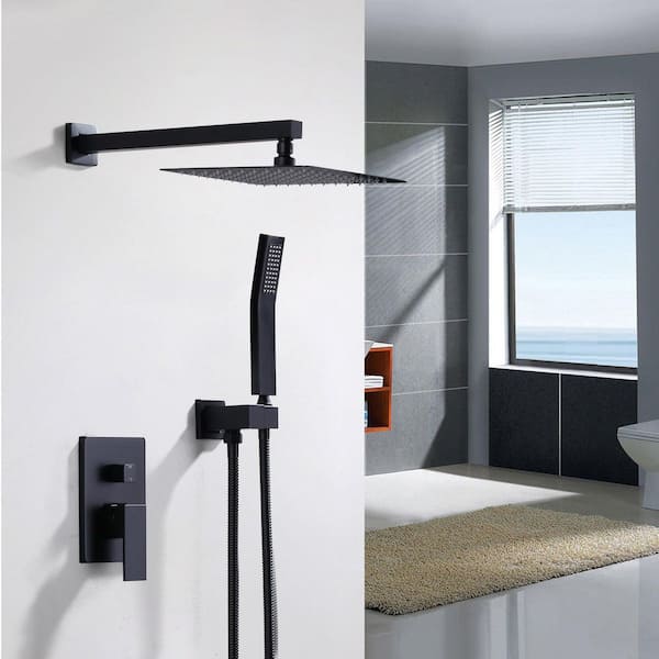 Single Handle 1-Spray Dual Wall Mount 10 in. Fixed and Handheld Shower Head 1.8 GPM with Rough-in Valve in Matte Black