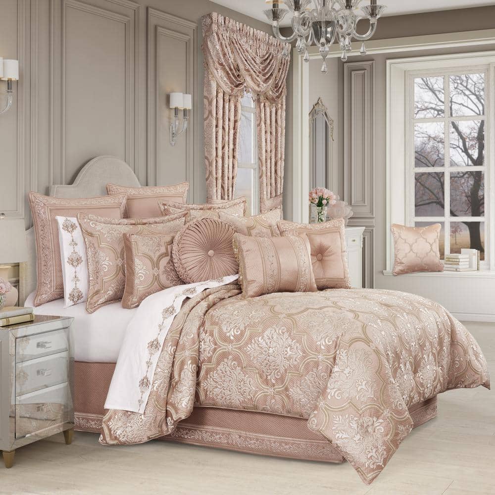Rosalita Blush and Gold Damask Square Throw Pillow