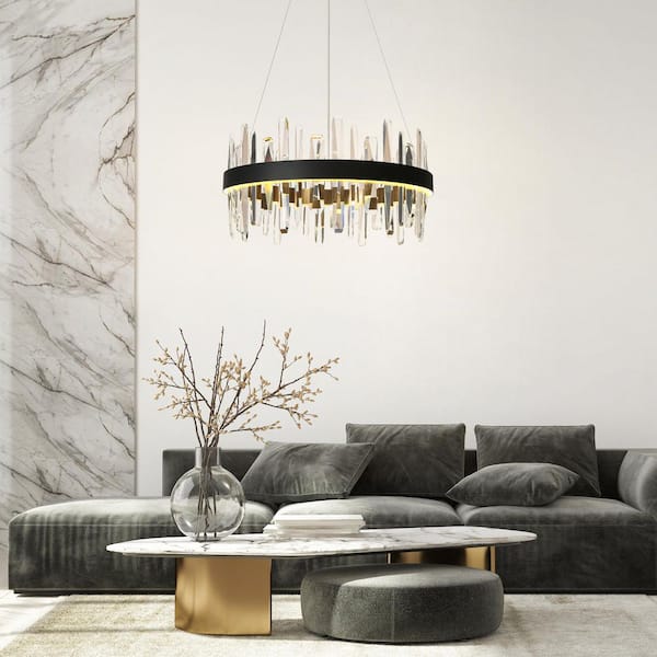 Combrocollia 1-Light Integrated LED Matte Black and Plating Brass Circle Chandelier with Crystal Strips