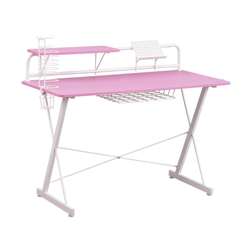 Techni Sport Dual Monitor Carbon Fiber Gaming Desk with Cup Holder - Pink