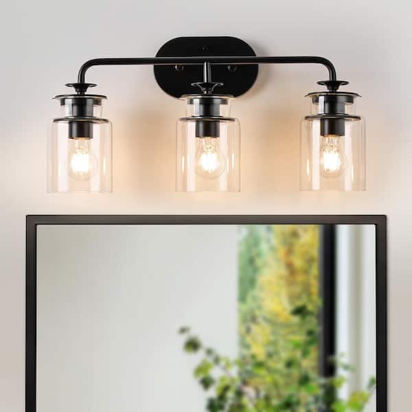 LANSEKI Elmhurst 22.8 in. Classic 3-Light Matte Black Dimmable Vanity Light with Clear Glass Shade