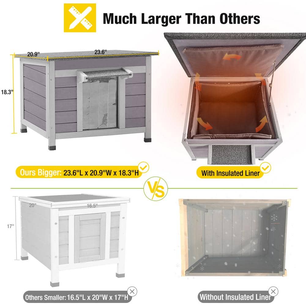 Insulated Gray Wooden Outdoor Cat House with Thermal Liner
