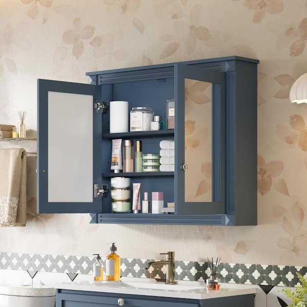 FAMYYT 36 in. W x 28 in. H Blue Rectangular Wood Surface Medicine