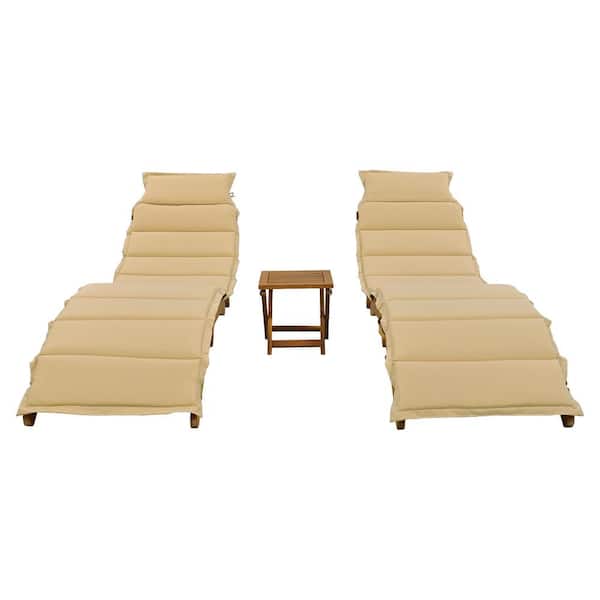 Unbranded 3-Piece Brown Wood Outdoor Patio Portable Extended Chaise Lounge Set with Foldable Table and Cushion for Balcony