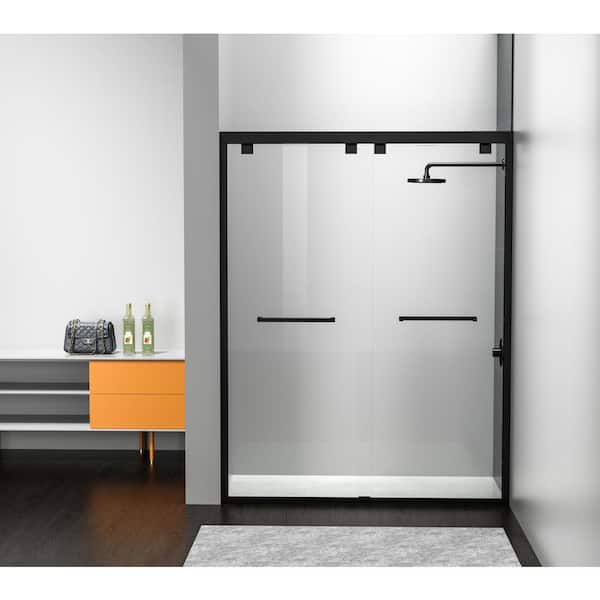 Unbranded Simply Living 60 in. W x 76 in. H Semi-Frameless Sliding Shower Door in Matte Black with Clear Glass