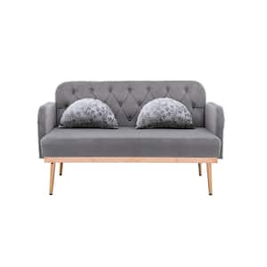 55 in. Square Arm Velvet Straight Loveseat Sofa, Tufted Backrest Sofa Couch with Moon Shape Pillows and Metal Feet, Gray
