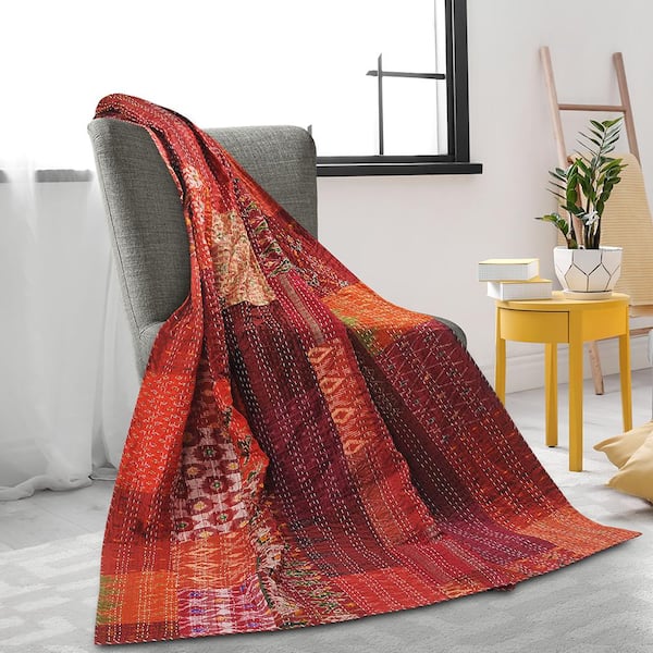 Unbranded Faith Red/ Multicolored Patchwork Hand-Stitched All Natural Cotton Blend Throw Blanket