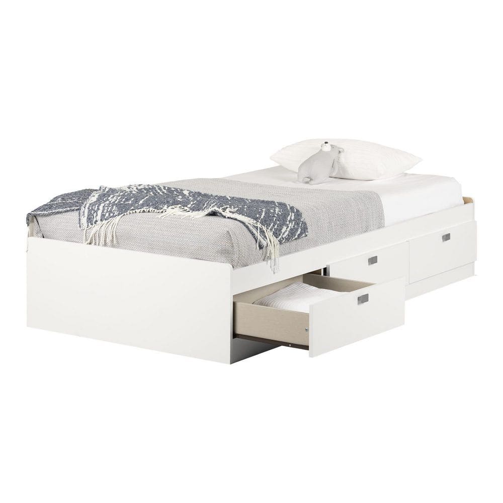 White Twin Wood Captain's Bed with Storage Drawers