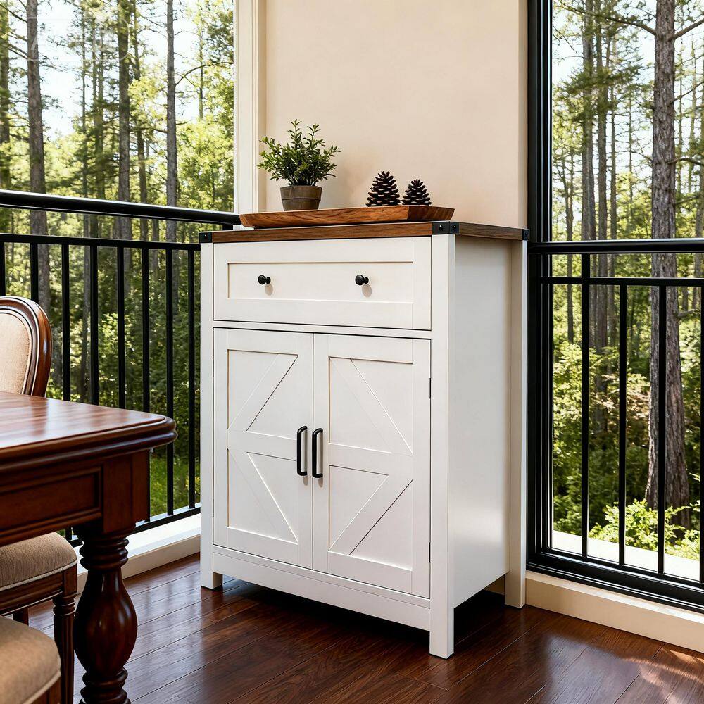White MDF Buffet, Farmhouse Barn-Door Storage Cabinet with Drawer