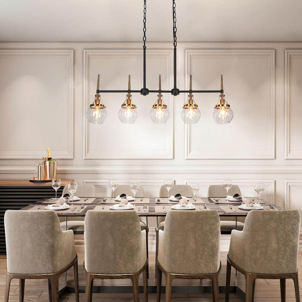 Black and Brass 5-Light Linear Chandelier with Glass Shades