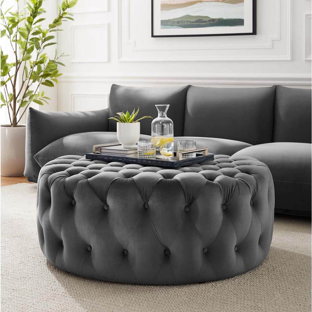 Amour Large Round Gray Velvet Tufted Ottoman