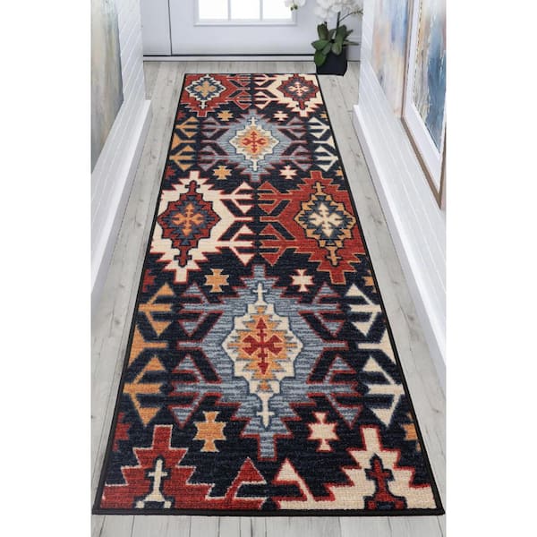 Custom Size Runner Rug Southwestern Design Black 26 in. W x 72 in. L Stair Runner 13 sq. ft.
