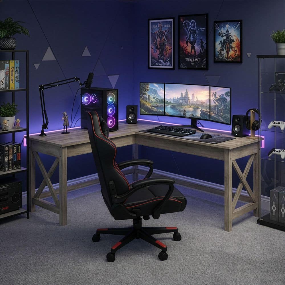 23.5-inches Gray Wood, L-Shaped Computer Desk with X-Pattern Legs - For Office, Computer, or Craft Table