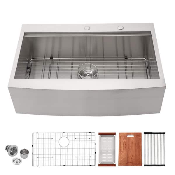33 in. Farmhouse Apron Front Single Bowl 16-Gauge Stainless Steel Right Corner Workstation Kitchen Sink with Strainer