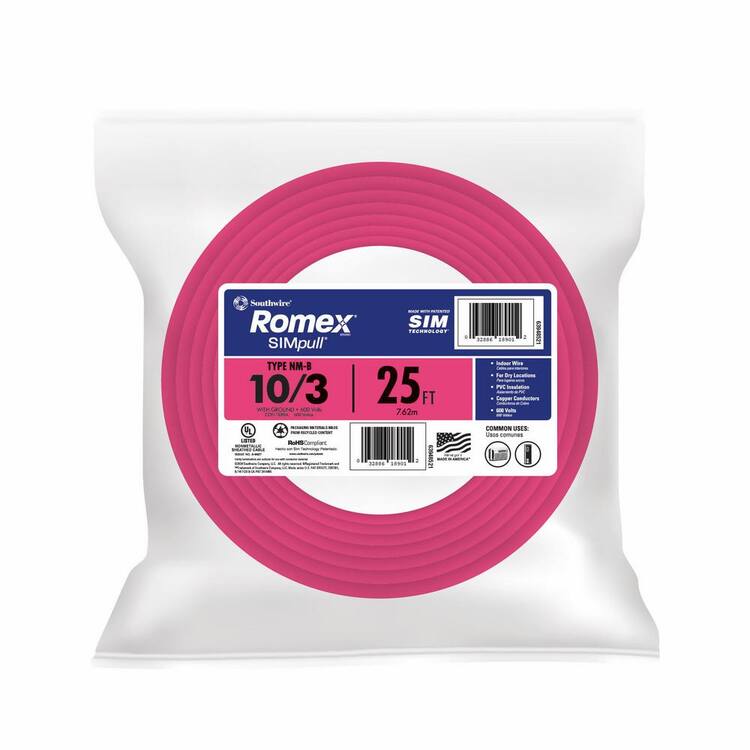 Southwire 25 ft. 10-Gauge/3 Solid Romex SIMpull CU NM-B with G Wire Pink Coil
