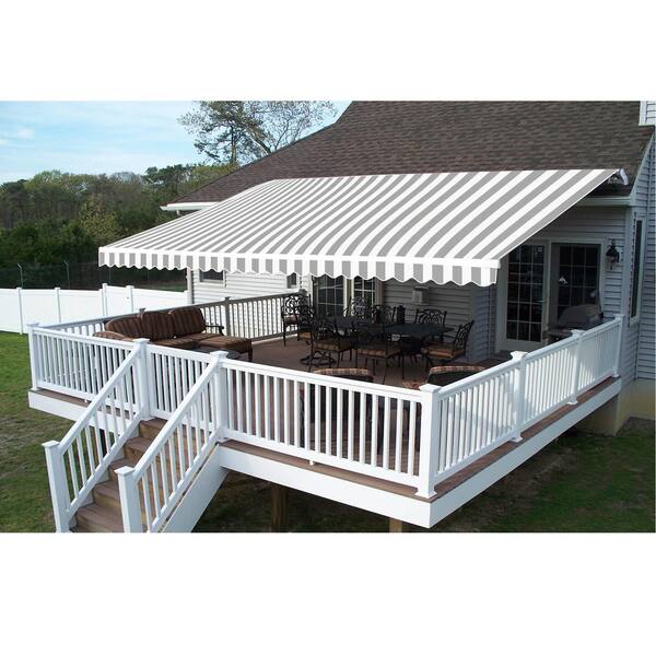 Aleko 10 Ft Manual Patio Retractable Awning 96 In Projection In Grey And White Stripe Aw10x8greywht Hd The Home Depot