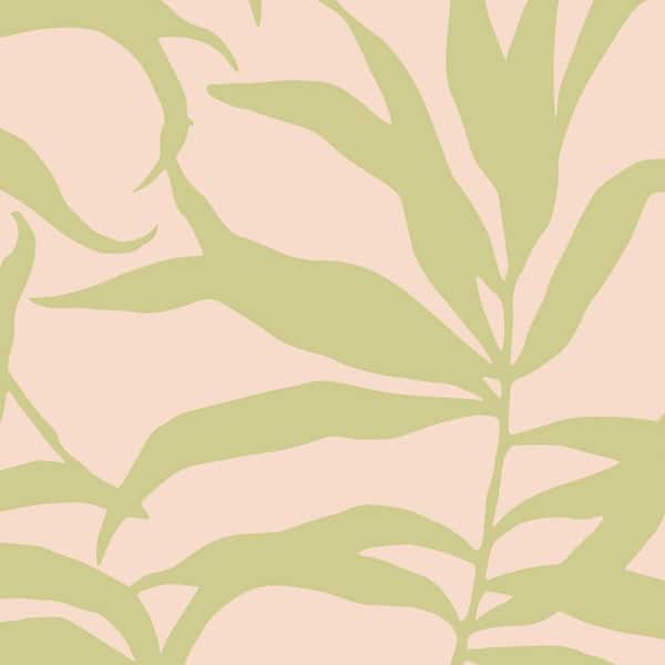Unbranded Tropical Palm Leaves Solid Pink Green Peel and Stick Smooth Vinyl Wallpaper