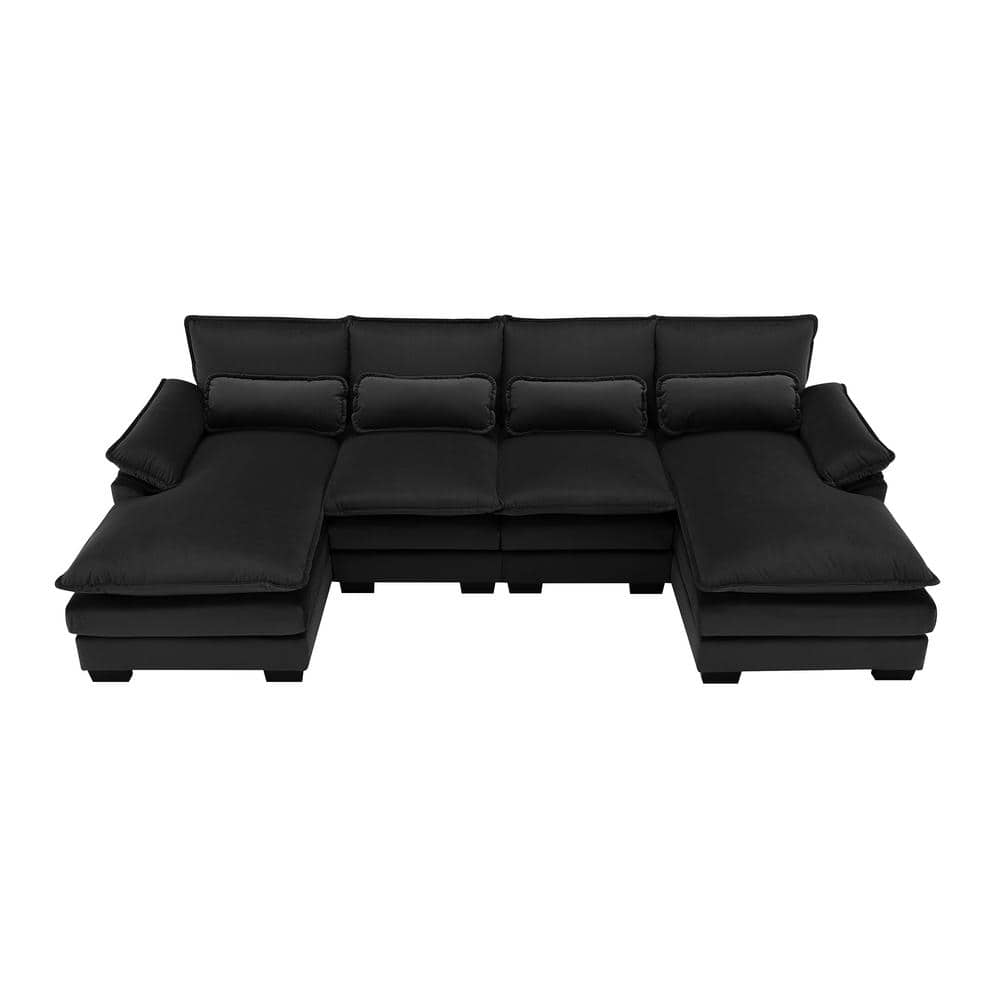 110 in. Square Arm Velvet U-Shaped Sofa with Waist Pillows in. Black