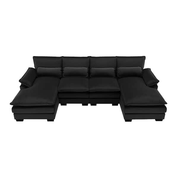 Polibi 110 in. Square Arm Velvet U-Shaped Sofa with Waist Pillows in. Black