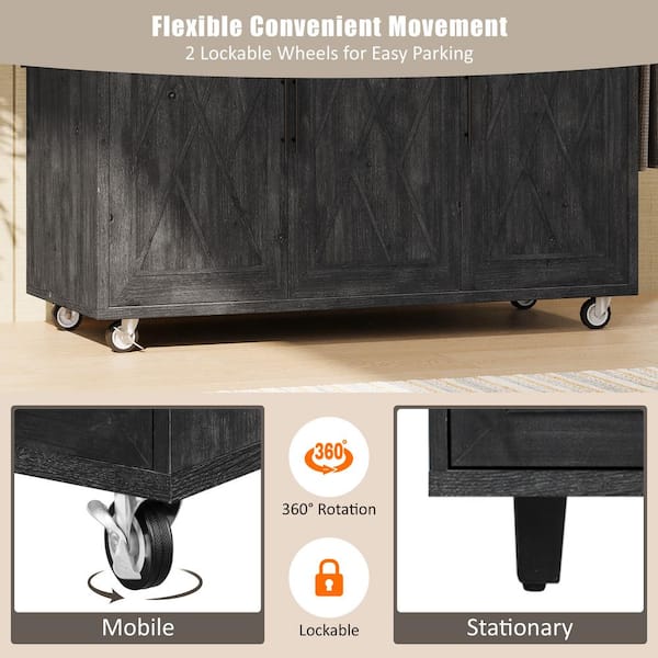 Oasis Black Wood 51.2 in. Kitchen Island with Drop Leaf, Farmhouse Kitchen Island on Wheels with Internal Storage Rack