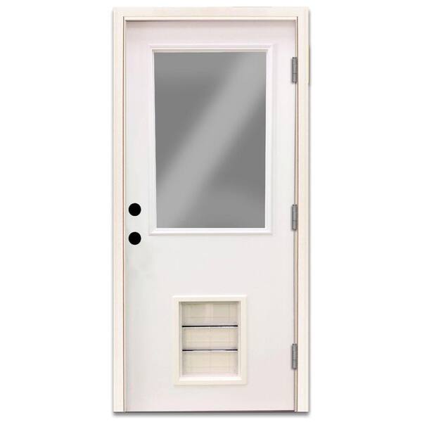 Steves & Sons 32 in. x 80 in. Element Series Half Lite White Primed Steel Back Door Left Hand Outswing with Large Pet Door