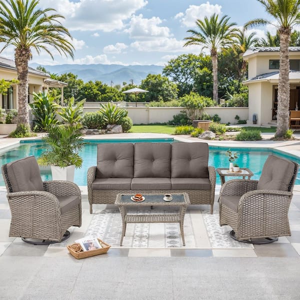 moosprr Flatarmrest 5-Piece Gray Wicker Patio Conversation Set with Olefin Gray Cushions Couch/Patio Swivel Chairs