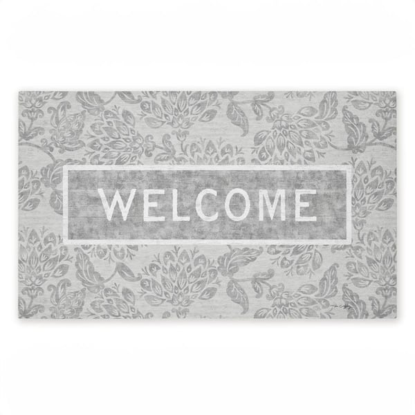 Distressed Ornate Florals Welcome Gray 18 in. x 30 in. Polyester Non-Slip Outdoor Door Mat