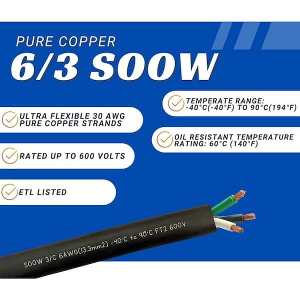 WindyNation 75 ft. 6/3 6 Gauge 3 Conductor 600-Volt Black SOOW