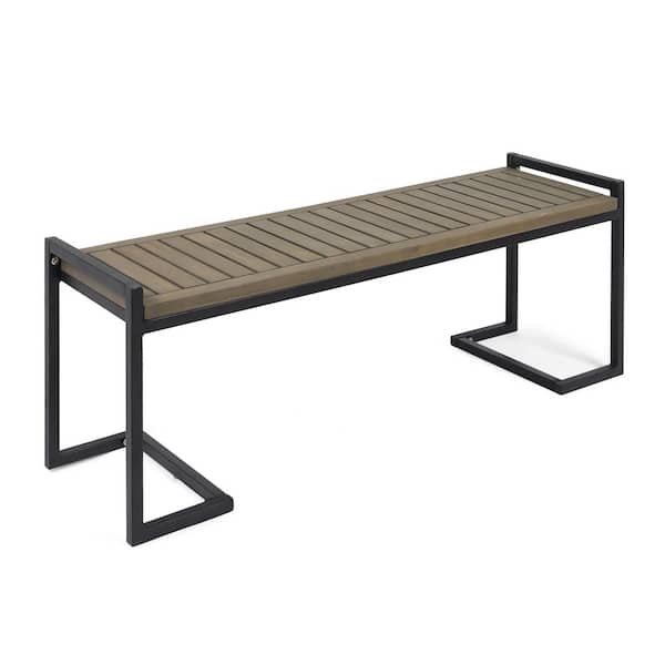 Industrial Acacia Wood and Metal Outdoor Ottoman Bench Grayish Brown