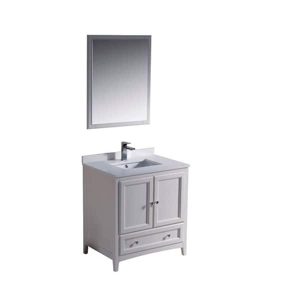 Fresca Oxford 30 in. Vanity in Antique White with Ceramic Vanity Top in White with White Basin and Mirror (Faucet Not Included)