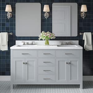 Bristol 60.25 in. W x 22 in. D x 36 in. H Double Sink Freestanding Bath Vanity in Grey with Carrara White Quartz Top