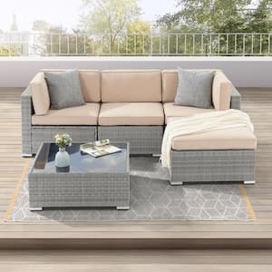 5-Piece PE Rattan Wicker for Patio Outdoor Sectional Furniture Sets with Light Tan Cushion