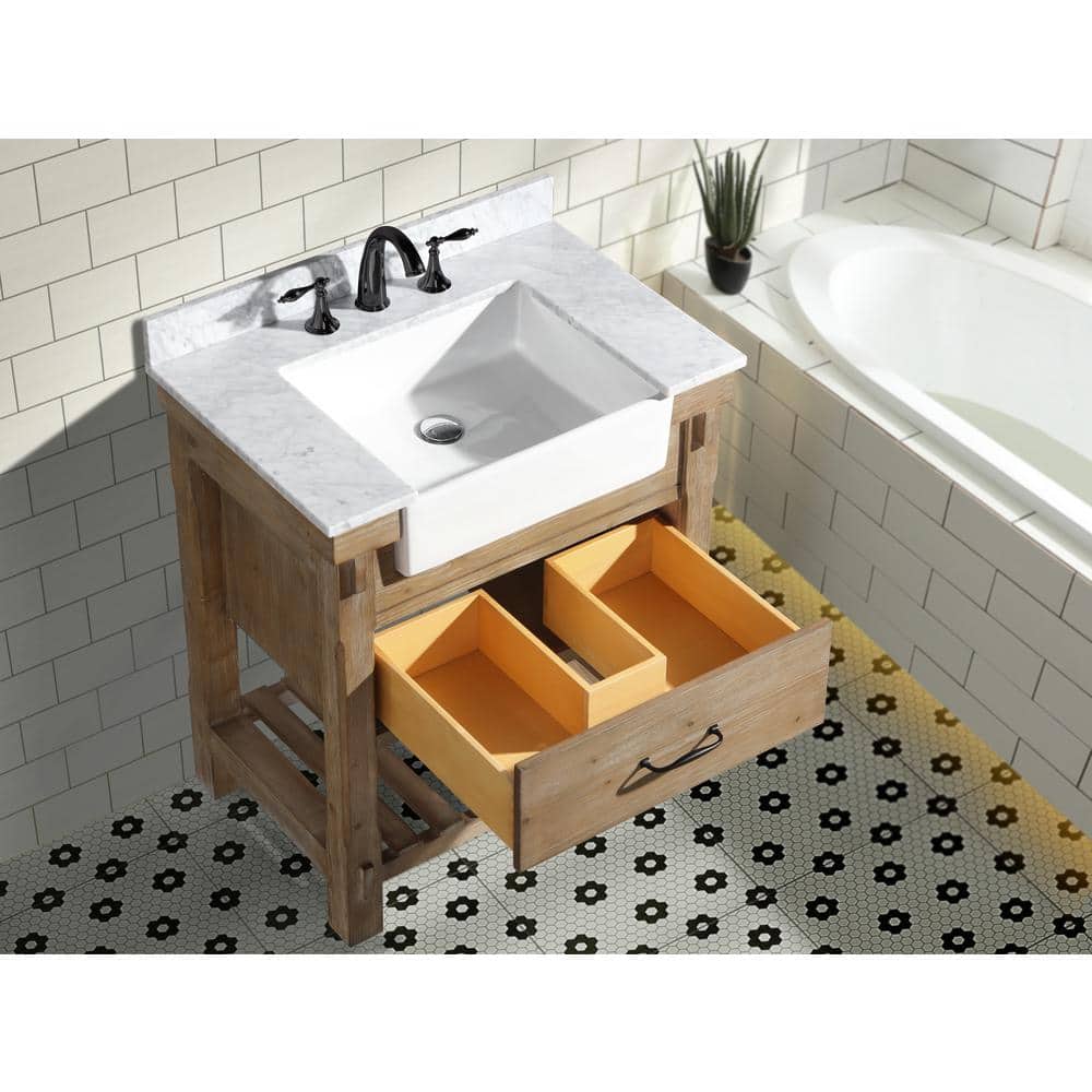Marina Weathered Fir and Carrara Marble Farmhouse Bathroom Vanity