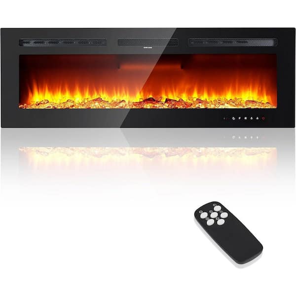 60 in. Wall Mount Glass Iron Electric Fireplace in Black with Touch Screen 12 Flame Colors, Fake Wood Log, Crystal Stone