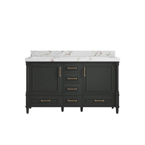 Willow Collections Hudson 60 in. Double Sink Freestanding Black Top Bath Vanity with Viola Brown Qt. Top Unassembled