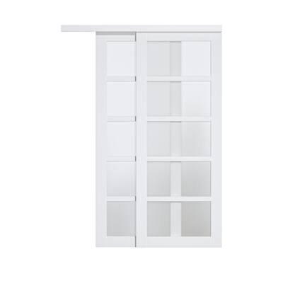 Sliding Closet Bypass Doors 72 x 80 with Hardware | Quadro 4113 White Silk  with Frosted Opaque Glass | Sturdy Top Mount Rails Moldings Trims Set 