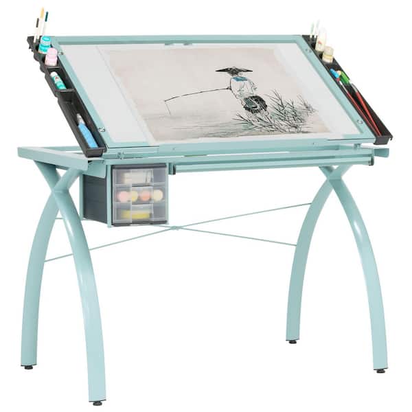 Futura Craft Station 38 in. W Sage/Clear Glass Metal and Glass Craft Table with Storage and Angle Adjustable Top