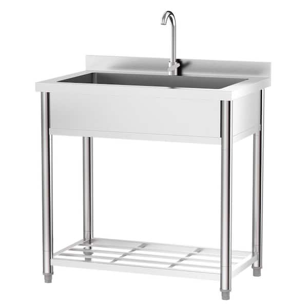 35.4 in. Freestanding Single Basin Utility Sink Laundry/Utility Sink in Stainless Steel with Shelve