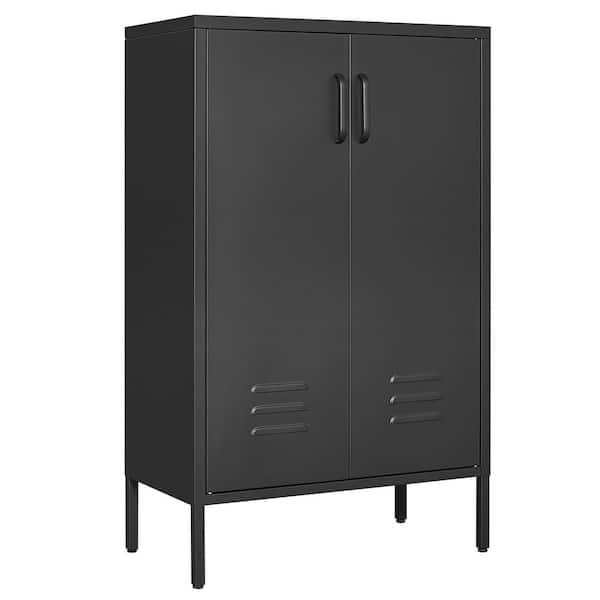 Tileon 3-Tier Black Steel Freestanding Kitchen Storage Cabinet with Adjustable Shelves for Living Room Bedroom Office Garage