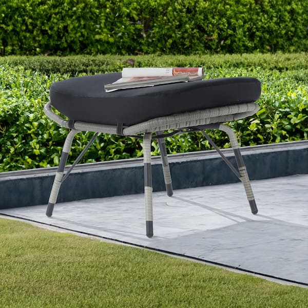 BFB Gray Wicker Outdoor Ottoman with Black Cushion 1 Pack